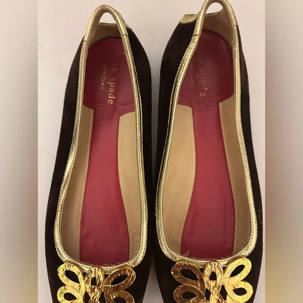 Kate Spade New York Loopy Buckle brown suede gold square toe flats Italy. 7.5
